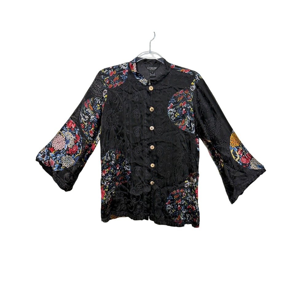 Citron Santa Monica Blouse Womens L Black Silk Blend Floral Embroidered Asian